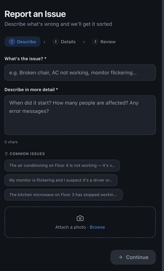 Report an issue screen in the occupant app