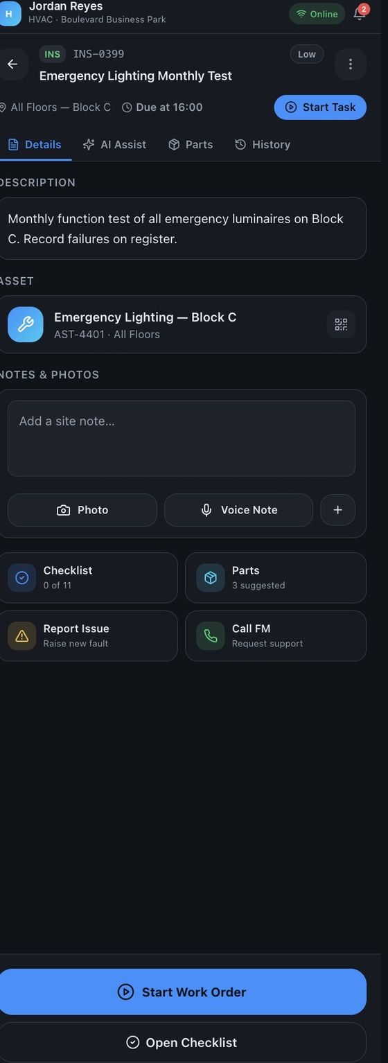 Technician app showing an inspection task with checklist, parts and photos