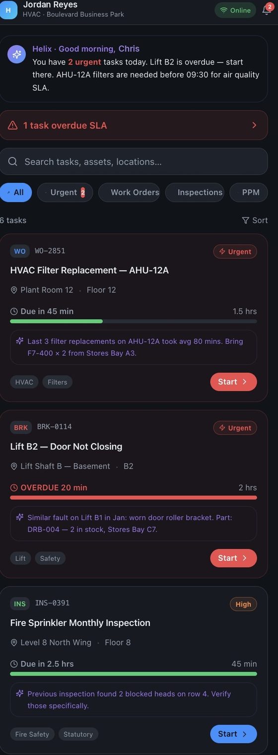 Technician app task list with urgent work orders, inspections and PPMs